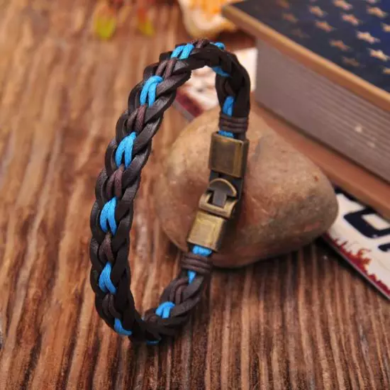 NEW Surfer Handmade Hemp&Leather Braided Mens Wristband Bracelet Cuff with Clasp