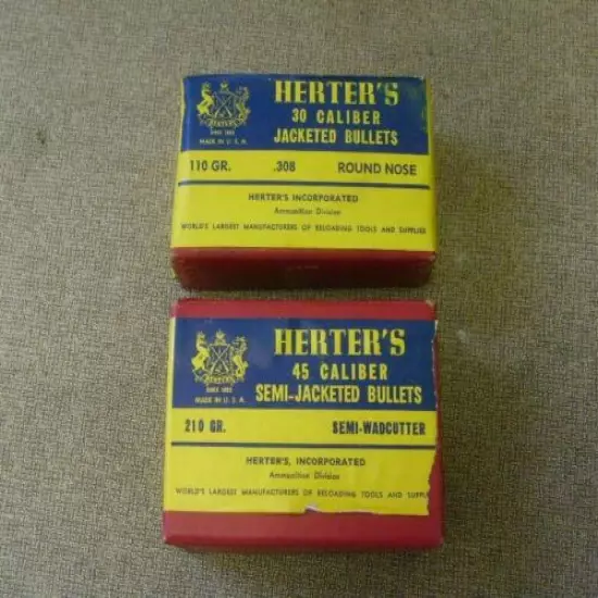 Empty Herter's ammo boxes 30 Caliber Jacketed and 45 Caliber Semi Jacketed