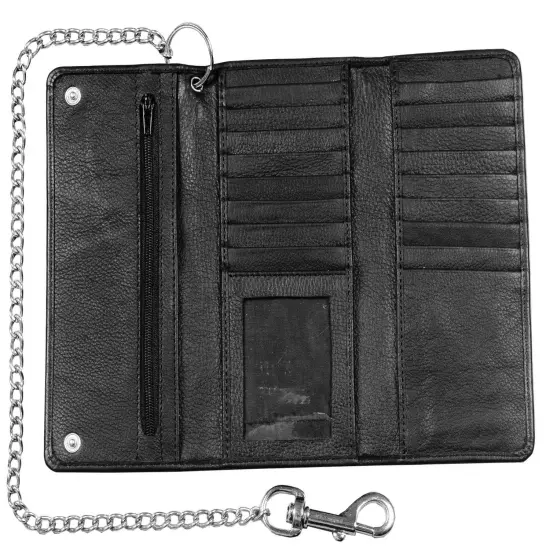 Genuine Black Cowhide Leather Chain Wallet, Trifold Long Chain Motorcycle Biker