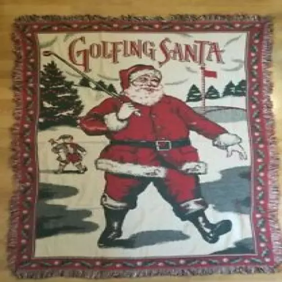 Clean, Vintage 48" x 66" Golfing Santa Blanket Throw Rug Knit Christmas Elf