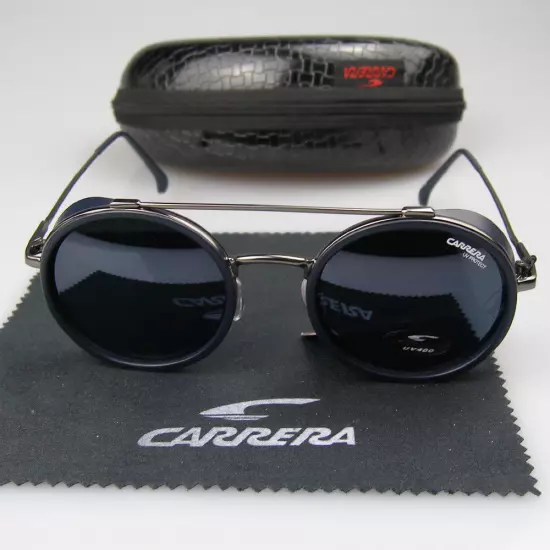 Men Women Retro Sunglasses Matte Black Metal Round Frame Carrera Glasses+Box C39