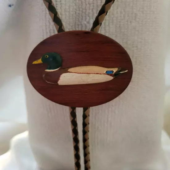 Vintage wood Mallard duck Bolo Tie on 2 tone braided cord