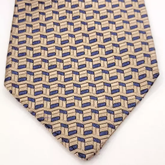 Villa Bugatti All Business Silk Necktie USA Made Geometric Beige Tan Blue Shades