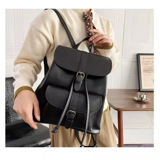 Women Drawstring Backpack PU Leather School Bags Belt Backpacks Ladies