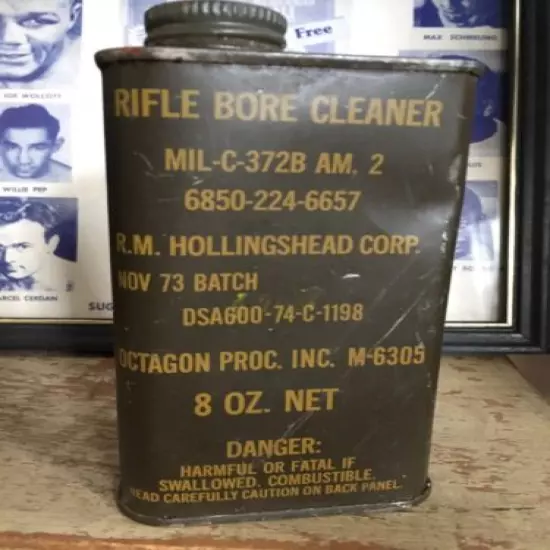 Vintage Rifle Bore Cleaning Oil Hollingshead 1973 US Army Military Tin Can Gun