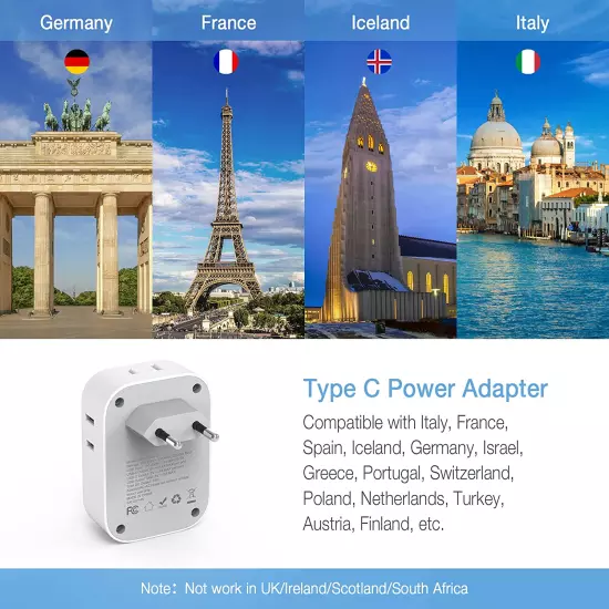 2 Pack European Travel Plug Adapter USB C, TESSAN US to Europe Plug Adapter with