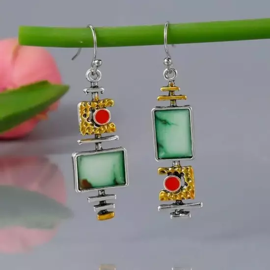 Boho Vintage Geometric Drop Hook Earrings Silver Plated Synthetic Gemstone Gift