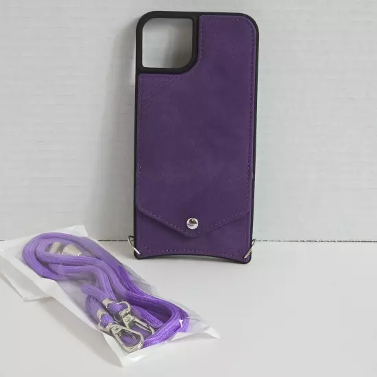 Cell Phone Bumper Case For iPhone 15 Plus 6.7 in Purple PU Leather Lanyard