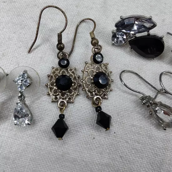 Lot Of 5 Vintage & Modern Costume Rhinestone Earrings Dangle Hoop Silver Tone