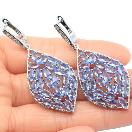 Fantastic Long Big Rich Blue Violet Tanzanite CZ Ladies Party Silver Earrings