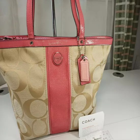 Coach Shopper Medium Pink Khaki Tote Purse Signature Stripe Canvas Patent Leathe