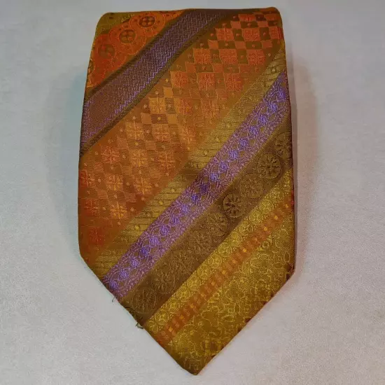 Vtg BJE Ernst Tie Orange Gold Brown Stripes Paisley Robinsons Union Made 54"