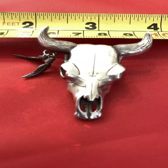 Sterling Silver Steer Skull Feathers Bolo Tie Signed "GS"