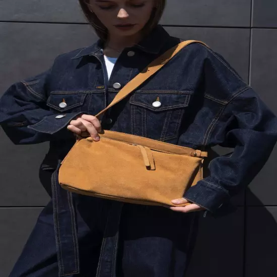 Brown Small Suede Tote Bag Crossbody Hobo Handbag Handmade Underarm Purse