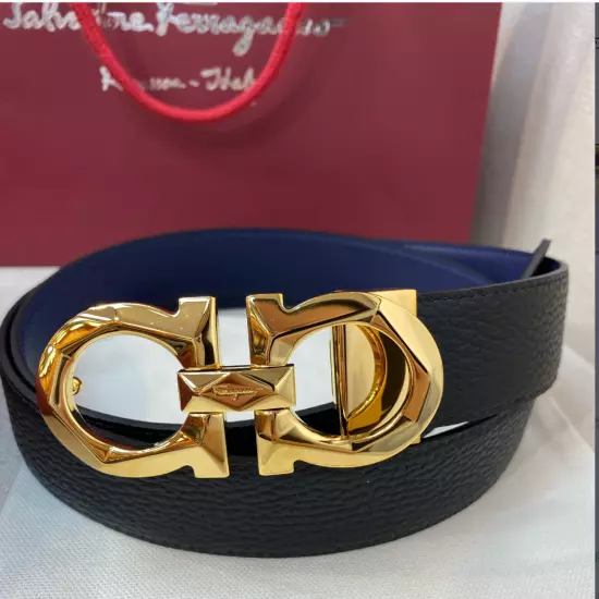 SALVATORE FERRAGAMO Reversible Men's Belt Gold Buckle Black/Blue 35"