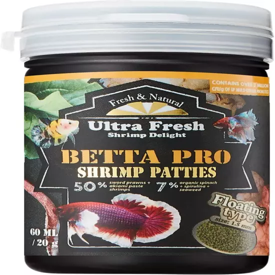 Ultra Fresh Betta Fish Food, Pro Shrimp Patties, 50% Sword Prawns + Akiami Paste