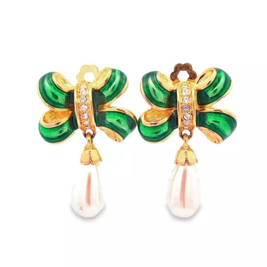 Vintage Weingeroff Gold Green Bow Rhinestone Pearl Earrings