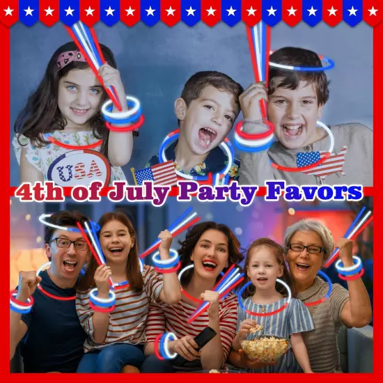 Fourth of July Kids Party Favors Supplies,72 PCS Red White Blue Glow Sticks Part