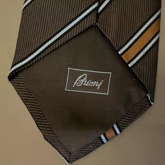 BRIONI Diagonal Stripe Silk Tie ~ Brown , Copper , Blue/Silver Made in Italy