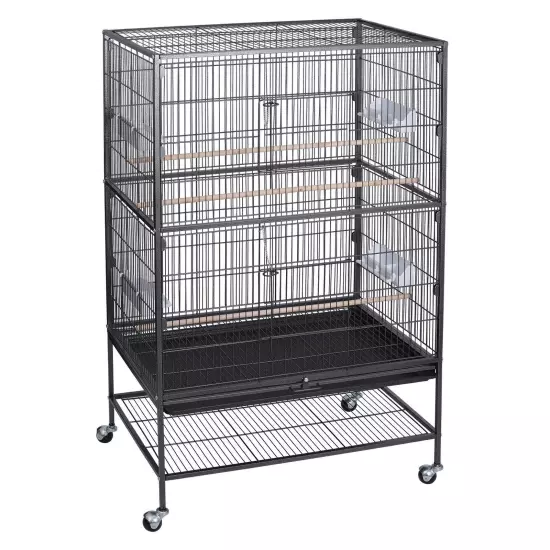 Black Large Rolling Metal Bird Cage Parakeet Cockatiel Cage with Draw-out Tray