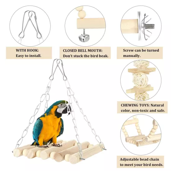 8 PCS Bird Toys for Parakeets, Parrot Swing Chewing Hanging Standing Wooden T...