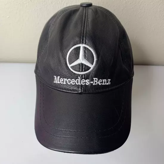 Mercedes Benz Black Leather Hat Cap Adjustable Size OS Vintage