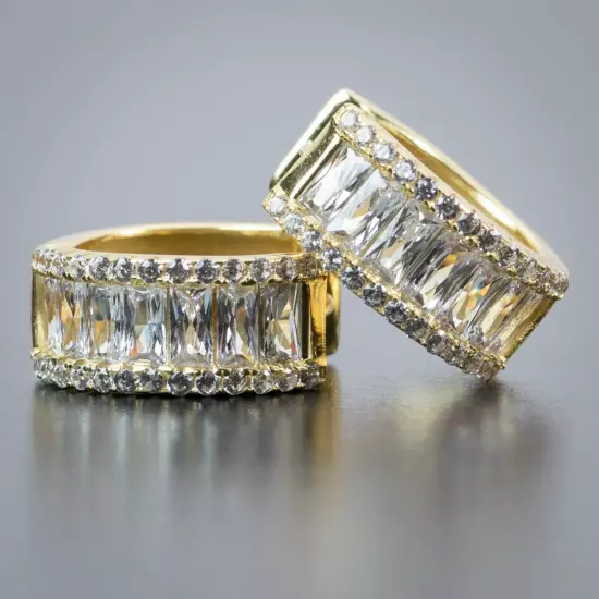 14K Gold Plated Men's Thick 925 Sterling Silver Iced Cz Baguette Hoop Earrings