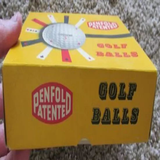 COLORFUL DOZEN BOX WITH 7 WRAPPED RED PENFOLD PATENTED 1.62 GOLF BALLS L.B.G.C.