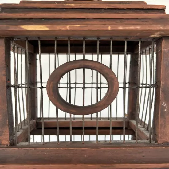 Vintage Bird Cage 30" Pagoda Style Brown Wood & Wire Large Floor Standing Cage