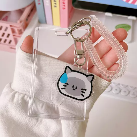 Cute ID Card Holder Bus Photo Case Badge Retractable Spring Lanyard w/ Keychain☆