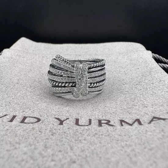 David Yurman Sterling Silver 925 Angelika 15mm Pave .67ct Diamond Ring Size 7.5