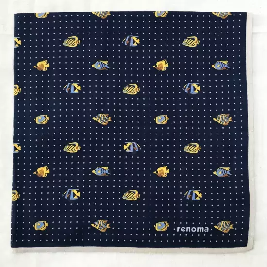 Vintage Handkerchief Blue Cotton Polka Dot & Clownfish Pattern Pocket Square 18"