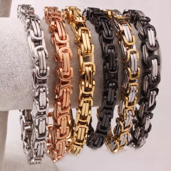 4/6/8mm Mens Womens Silver Gold Black Stainless Steel Byzantine Chain Bracelet