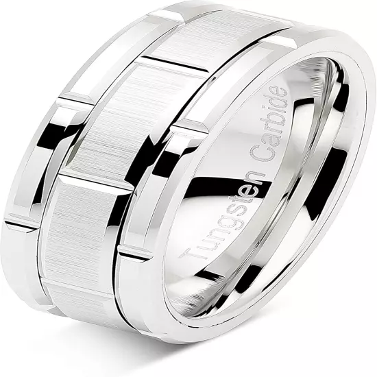 Tungsten Rings for Men Wedding Band White Gold Brick Pattern Rhodium Plated Size