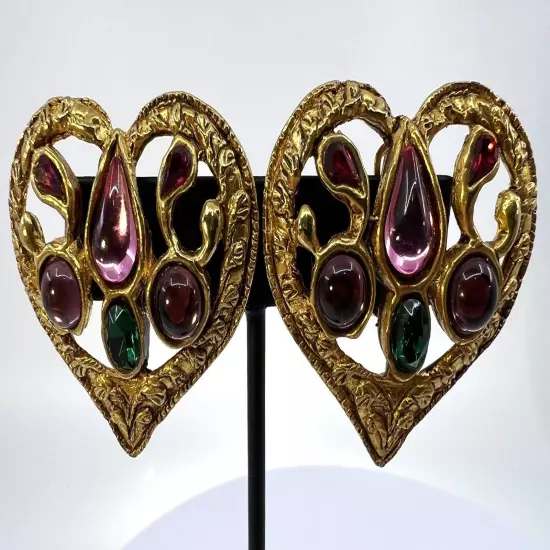 CHRISTIAN LACROIX Multicolored Glass Gemstone & Gold Tone Heart Shaped Earrings 