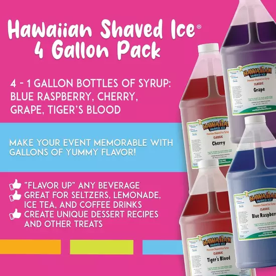 Ice Syrup Gallon 4-pack, Cherry, Grape, Blue Raspberry & Tiger’s Blood,Slushies