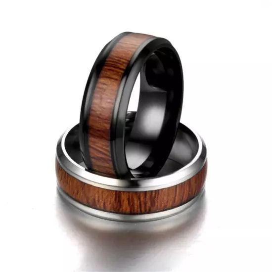 Mens Tungsten Carbide Ring Wood Inlay Beveled edge Wedding Band Ring Size 6-8 +