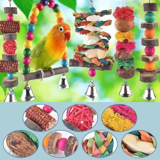 Bissap Bird Chew Toys, 7 Packs Parakeet Natural Wood Toys 7 PCS, 