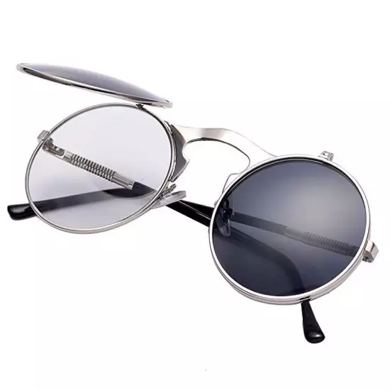 Round Metal Flip Up Sunglasses Retro John Lennon Circle Vintage Unisex Glasses