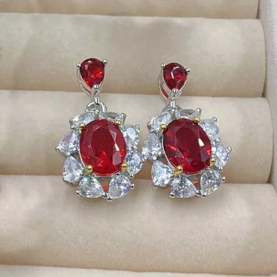 New Luxury Flower Red Garnet Topaz Gems Women Girl Jewelry Dangle Stud Earring