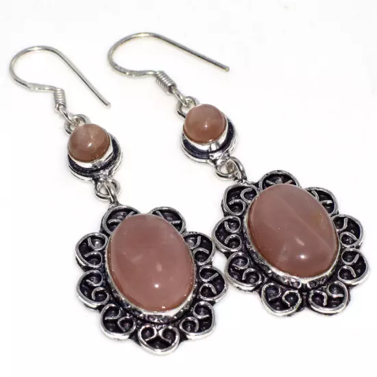 925 Silver Plated Sunstone Ethnic Long Earrings Handmade Jewelry Size 2.5" JW