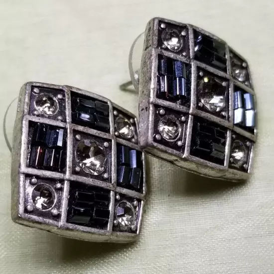 Lovely Square Crystal and Silvertone Checkerboard Pierced Earrings 