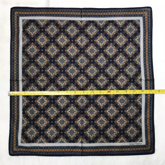 Vintage Mens Handkerchief Blue Cotton Arabic Geometric Pattern Pocket Square 17"