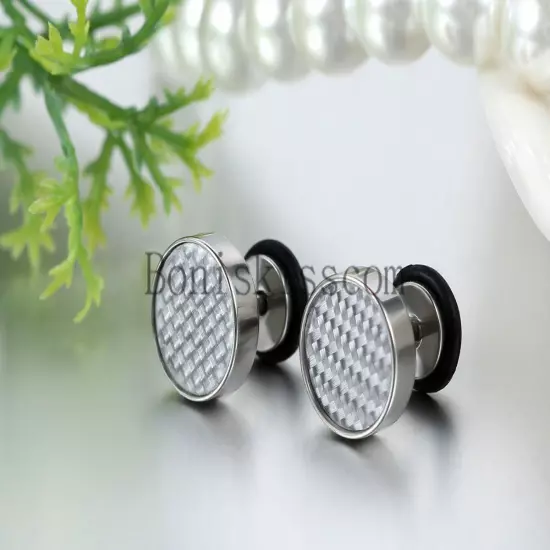 Mens Stud Earrings Stainless Steel Illusion Tunnel Plug Screw Back Carbon Fiber