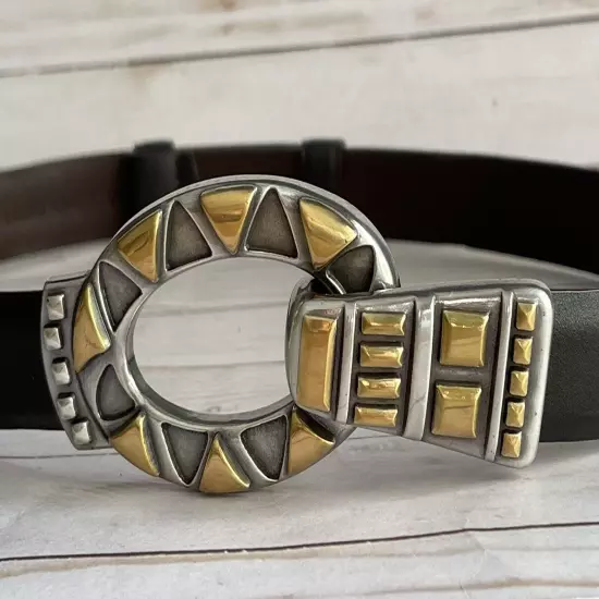 Chicos Belt Brown Leather Large Oval Silver Gold Buckle Tribal Aztec S/M