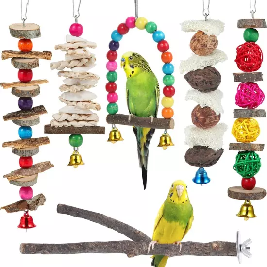 Bird Perch Bird Toys Parakeet Toys,6 Pack Bird Cage Accessories Wooden Chew T...