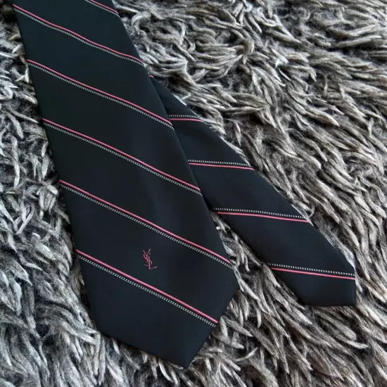 Vintage Yves Saint Laurent YSL Men's Silk Tie Striped Gray Pink Italy Designer