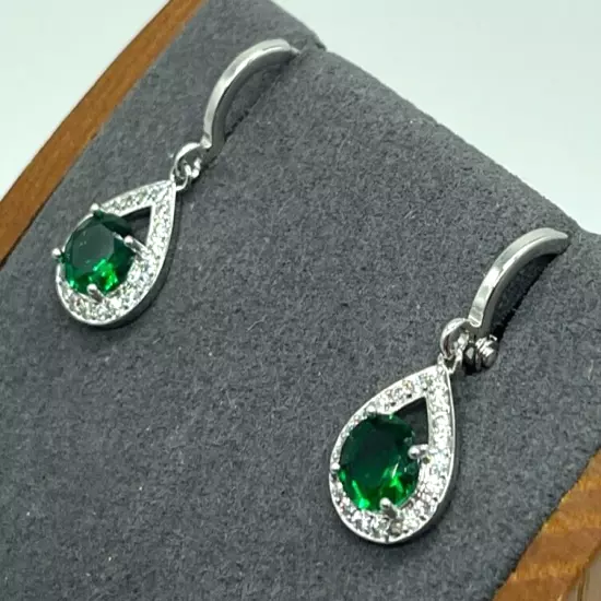 Earrings. Silver Tone Emeral Green Crystal w Clear Crystal Opal Shape Frame.