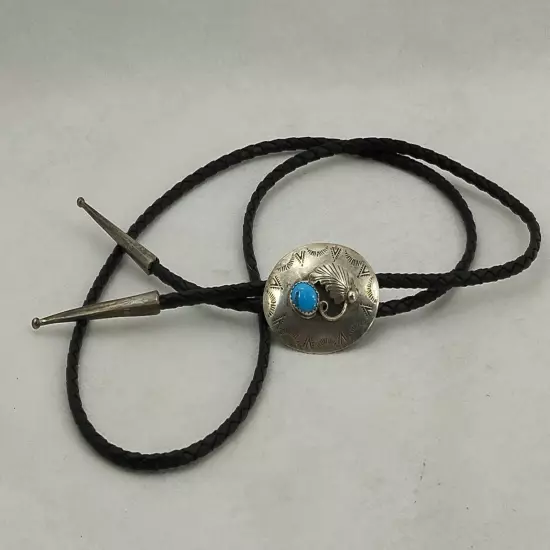 Vintage Silver Bolo Tie Adjustable Clip w Turquoise Leaf Black Leather Cord