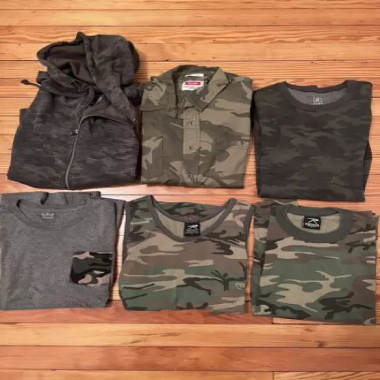 Mens Camouflage Hunting Shirts Lot - 6 Long Sleeve Tank Tee Hoodie Camo Size M L